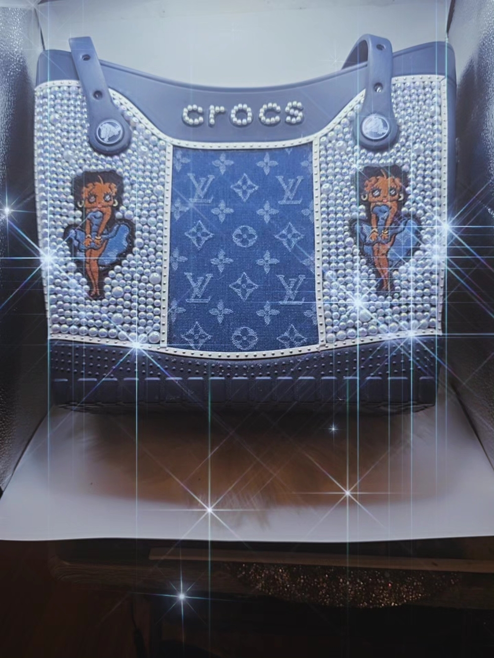 Tote Bag Crystal-Embellished with Denim Monogram Panel